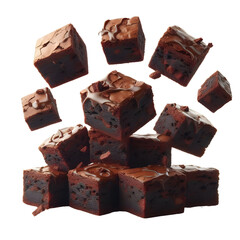 Chocolate brownie floating in the air on transparent background. Stack or pile of chocolate brownie on transparent background.