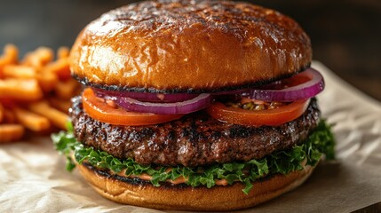 A gourmet burger with all the fixings, isolated on a white background