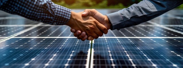 Closeup of Businessmen handshaking against solar plates, green energy concept