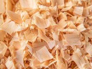 Detailed wood shavings, macro shot, carpentry craft, showcasing intricate details of the woodworking process.