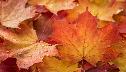 Fototapeta premium Autumn maple leaves with raindrops, abstract fall background. Rain season.