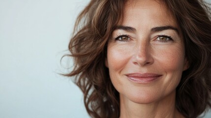 Fototapeta premium A close-up of a 50-year-old woman face with a genuine smile, showcasing her confidence and grace, set against a clean, simple background.