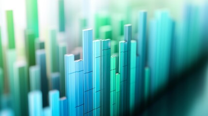 A close-up of a 3D bar chart with bars in various shades of blue and green, with labels and data points visible, set against a white background for clear, professional presentation.
