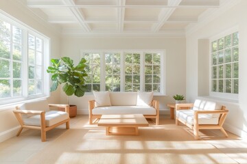 Fototapeta premium Tranquil Scandinavian Sunroom with Light Wooden Furniture, Natural Plants, and Large Windows