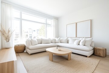Fototapeta premium Modern Scandinavian Family Room with Cozy Textiles and Light Wood Accents