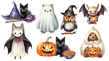 PNG  halloween animal cartoon element set, transparent background