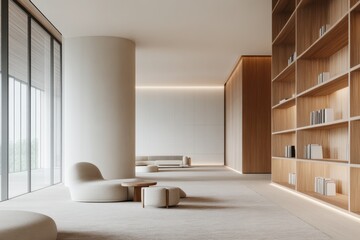 Fototapeta premium Serene Scandinavian Library: Minimalistic Ambiance with Wooden Bookshelves and Cozy Seating in Neutral Tones