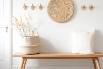 Serene Scandinavian Entryway with Wooden Bench and Minimalistic Hooks in Neutral Tones