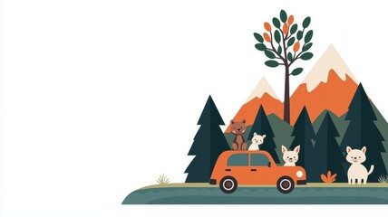 Obraz premium A whimsical illustration of an orange car with animals, surrounded by trees and mountains, capturing nature's charm.