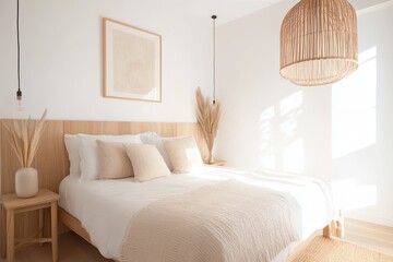 Fototapeta premium Modern Scandinavian Guest Suite: Cozy Minimalism with Wooden Furniture and Neutral Tones
