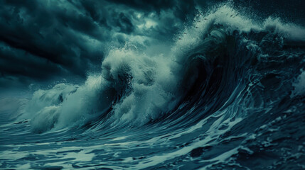 Powerful waves surge dramatically as dark clouds gather overhead, highlighting the intensity of the stormy sea.