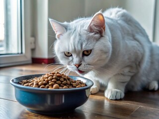 A cute white kitten with fur is eating from a bowl, nestled in a basket with its big eyes and whiskers visible