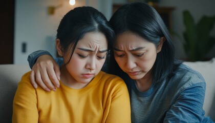 Compassionate Mother Comforting Depressed Teenage Daughter: Emotional Support for Adolescent Mental Health. Minimalist Illustration of Family Bond During Youth Crisis. Powerful Concept for Awareness C