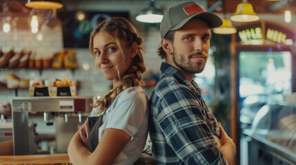 Two friendly baristas stand back to back in a vibrant caf?, showcasing a sense of teamwork and community spirit.