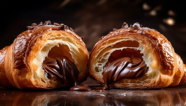 Un croisant muy sabroso cortado por la mitad, relleno de cremoso chocolate