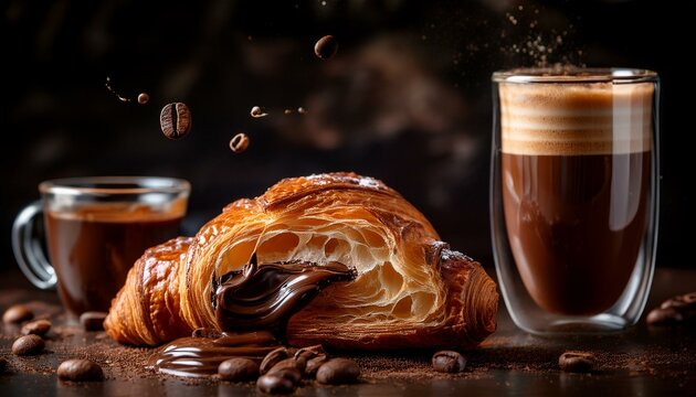 Un croisant muy sabroso cortado por la mitad, relleno de cremoso chocolate, y un cafe cremos en taza de cristal al lado