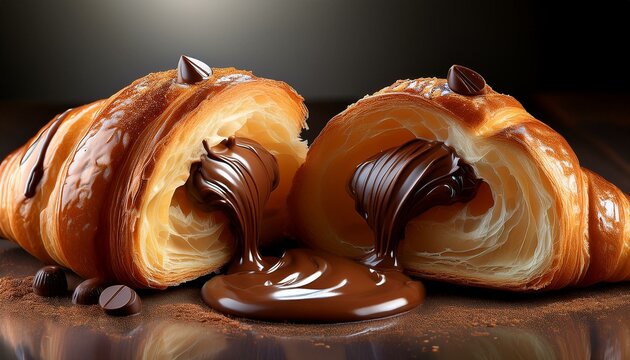 Un croisant muy sabroso cortado por la mitad, relleno de cremoso chocolate