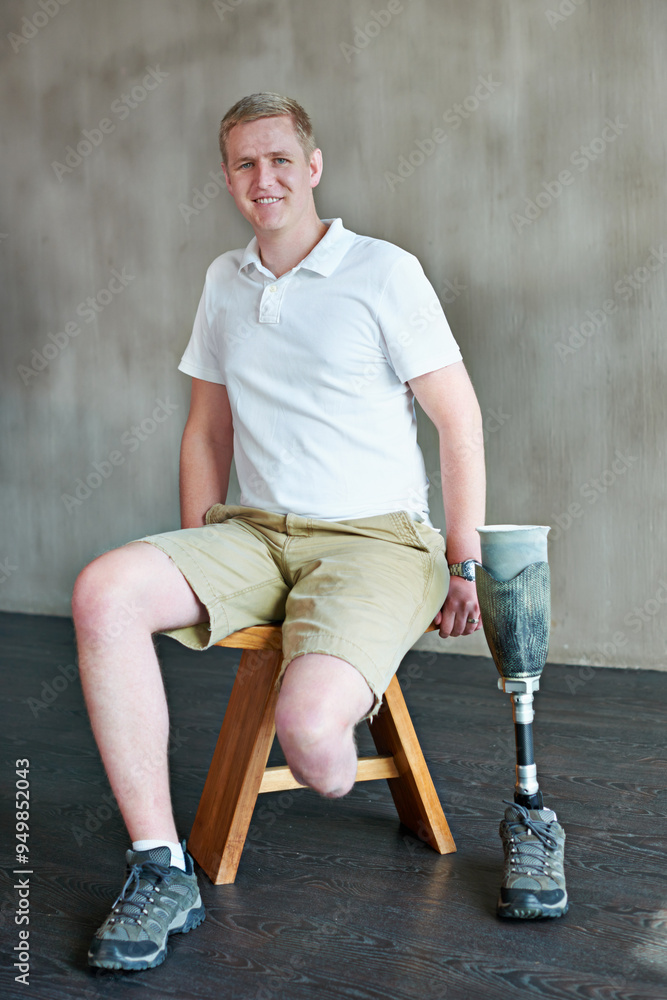 Sticker Man, portrait and amputee smile with prosthetic leg in gym, sitting with residual limb for assemble. Workout, physiotherapy in wellness or male person with disability, exercise or rehabilitation