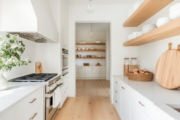 Modern Scandinavian-Inspired Walk-In Pantry with Warm Wooden Shelves and Stylish Glass Storage for an Organized Kitchen Space
