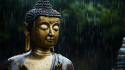 Serene Golden Buddha Statue Standing Strong in Rainstorm with Raindrops and Moody Dark Clouds Setting a Mystical Scene