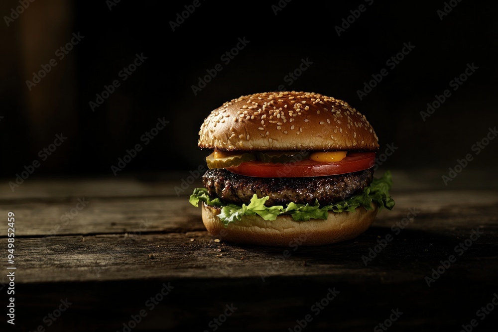 Wall mural Juicy Cheeseburger on a Wooden Table