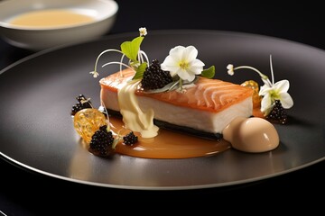 Salmon Dish with Caviar and Floral Garnish: A Culinary Masterpiece