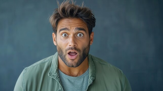 Man with surprised expression looking at camera.