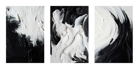 set of three stylish black and white abstract oil painting on canvas, acrylic texture background, wave rough brushstrokes