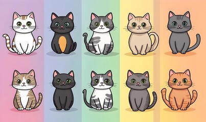 Diverse Cartoon Style Feline Portraits on Colorful Pastel Rainbow Backdrop