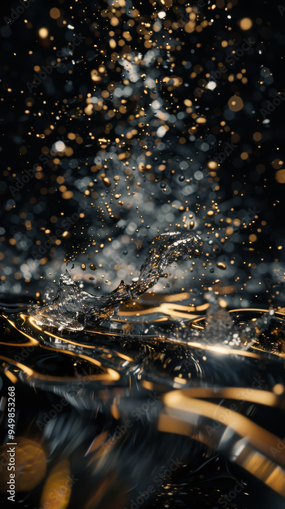 Poster sparkling droplets form stunning patterns as they collide with dark waters, capturing light in a mag