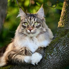beautiful white and grey tabby cat resting on a tree, AI generat