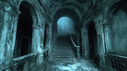 Abandoned castle interior, dark medieval palace with ghost, Halloween scary creepy atmosphere, AI generated image