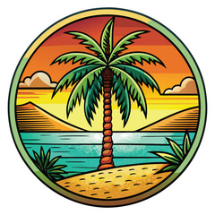 Obraz premium A vector illustration of a palm tree on a island with a sunset
