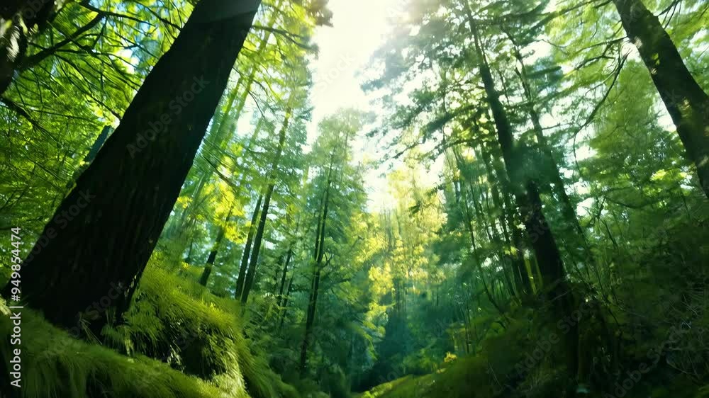 Poster sunlight filtering through tall trees in a tranquil forest during late afternoon hours