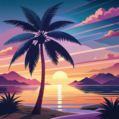 Obraz premium A vector illustration of a palm tree on a island with a sunset
