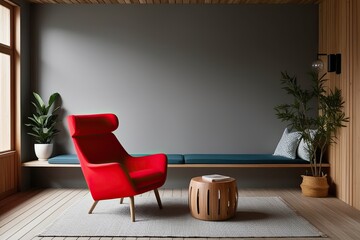 Contemporary Wooden Game Room Featuring Striking Red Armchair and Calm Gray Backdrop in Minimalist Design