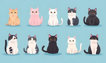 Charming Collection of Diverse Cartoon Style Feline Breeds in Soothing Pastel Color Palette