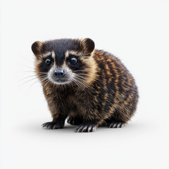 Fototapeta premium Adorable small animal resembling a raccoon, sitting on a clean white background, perfect for wildlife and nature-themed visuals.