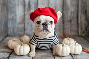 This French bulldog is dressed in a French costume of striped shirt and red beret