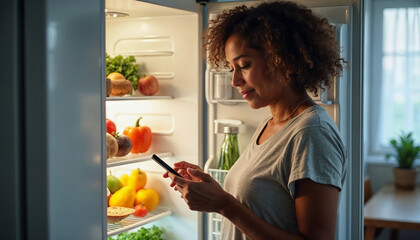 Mixed middle aged woman using her diet app on her smartphone while looking through her fridge at home