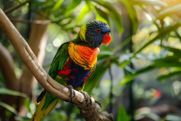 A vibrant parrot perched on a branch, showcasing its colorful feathers against a natural backdrop, A colorful parrot showing off its plumage, AI generated