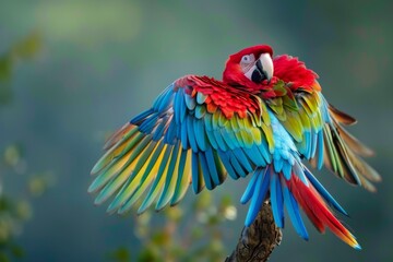 Obraz premium A vibrant parrot perched on a branch, showcasing its colorful feathers against a natural backdrop, A colorful parrot showing off its plumage, AI generated