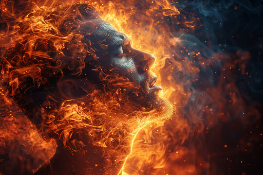 Human face merging with fire and smoke generative ai concept