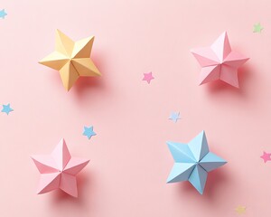 Obraz premium An assemblage of different paper origami stars on a beige background with copy space. A flat lay for the new year or for Christmas.
