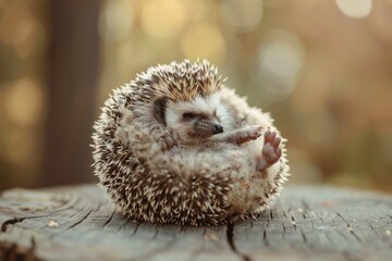 A hedgehog reclines on its back in the grass, highlighting its spiky exterior and charming, curled-up legs, A cuddly hedgehog rolling into a ball, AI generated