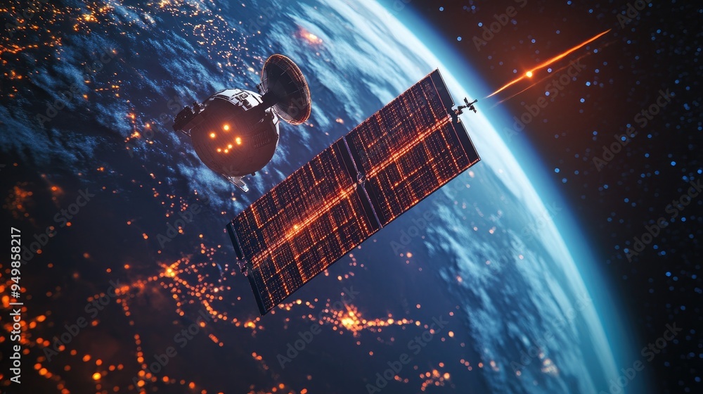 Poster digital data exchange through telecommunication satellites, visualizing binary code, data packets, a