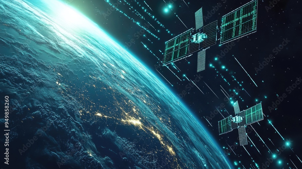 Poster digital data exchange through telecommunication satellites, visualizing binary code, data packets, a