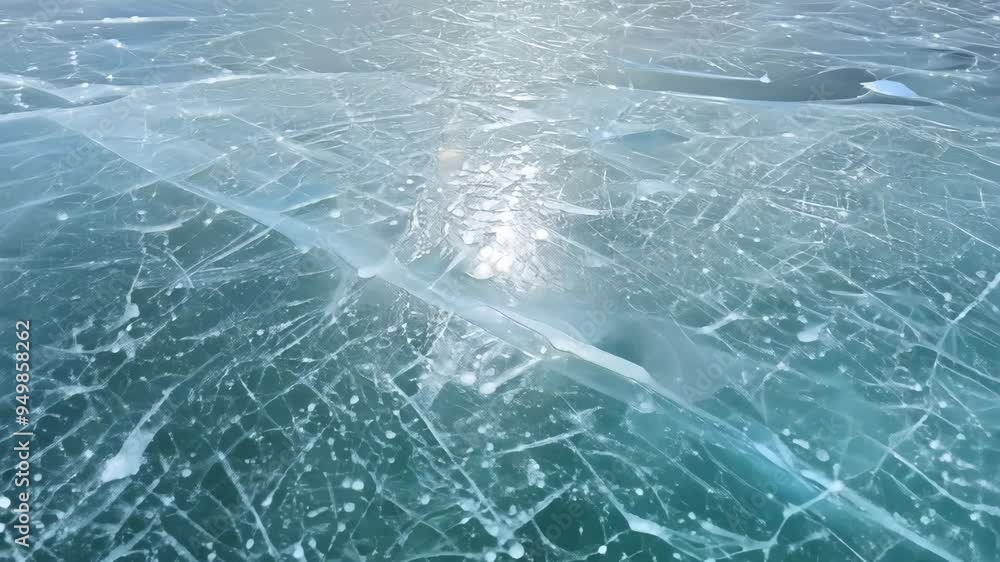 Poster exploring the intricate patterns on a smooth ice surface reflecting sunlight in a frozen landscape