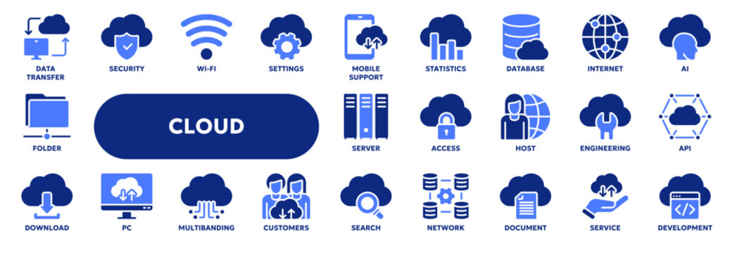 Set of vector solid icons related to cloud computing technology and web file storage. Symbols for website or app ui, logo design, illustration