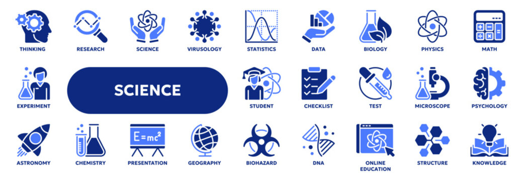 Set of vector solid icons related to science lab equipment, chemistry and medicine. Symbols for website or app ui, logo design, illustration